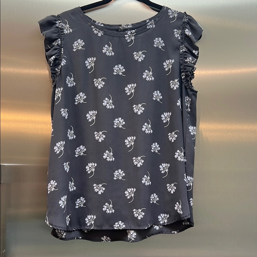 Floral Ruffle Sleeve Top - Grey and Lilac